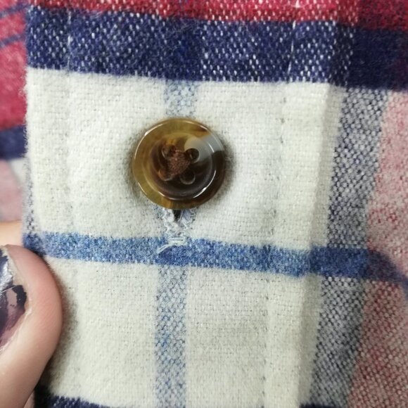 J Crew Flannel Plaid Chamois Elbow Patch Button Up Shirt Size L Red Blue Preppy - Picture 12 of 14